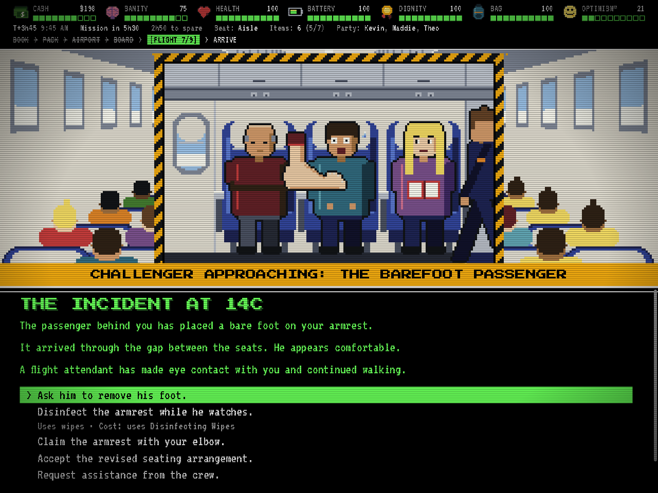 An in-flight encounter titled The Incident at 14C. Three pixel-art passengers sit in a row while a bare foot rests on an armrest. A banner reads Challenger Approaching: The Barefoot Passenger. Choices include asking him to remove his foot and disinfecting the armrest while he watches.