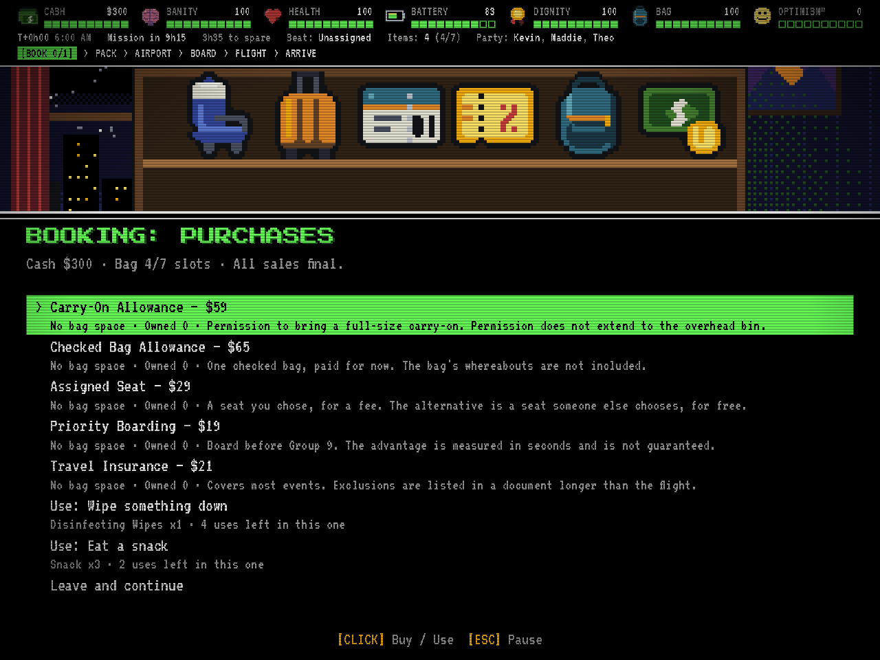 The booking purchases screen. A shelf of pixel-art items sits above a list of add-ons with prices: carry-on allowance, checked bag allowance, assigned seat, priority boarding, and travel insurance.