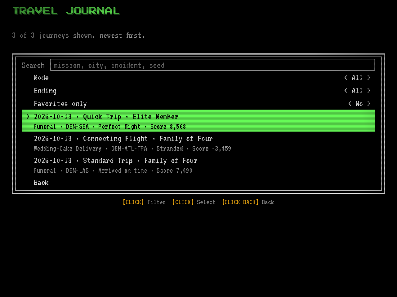 The Travel Journal screen listing three past journeys with their trip type, traveler, mission, route, ending, and score, above a search field and filters for mode, ending, and favorites.