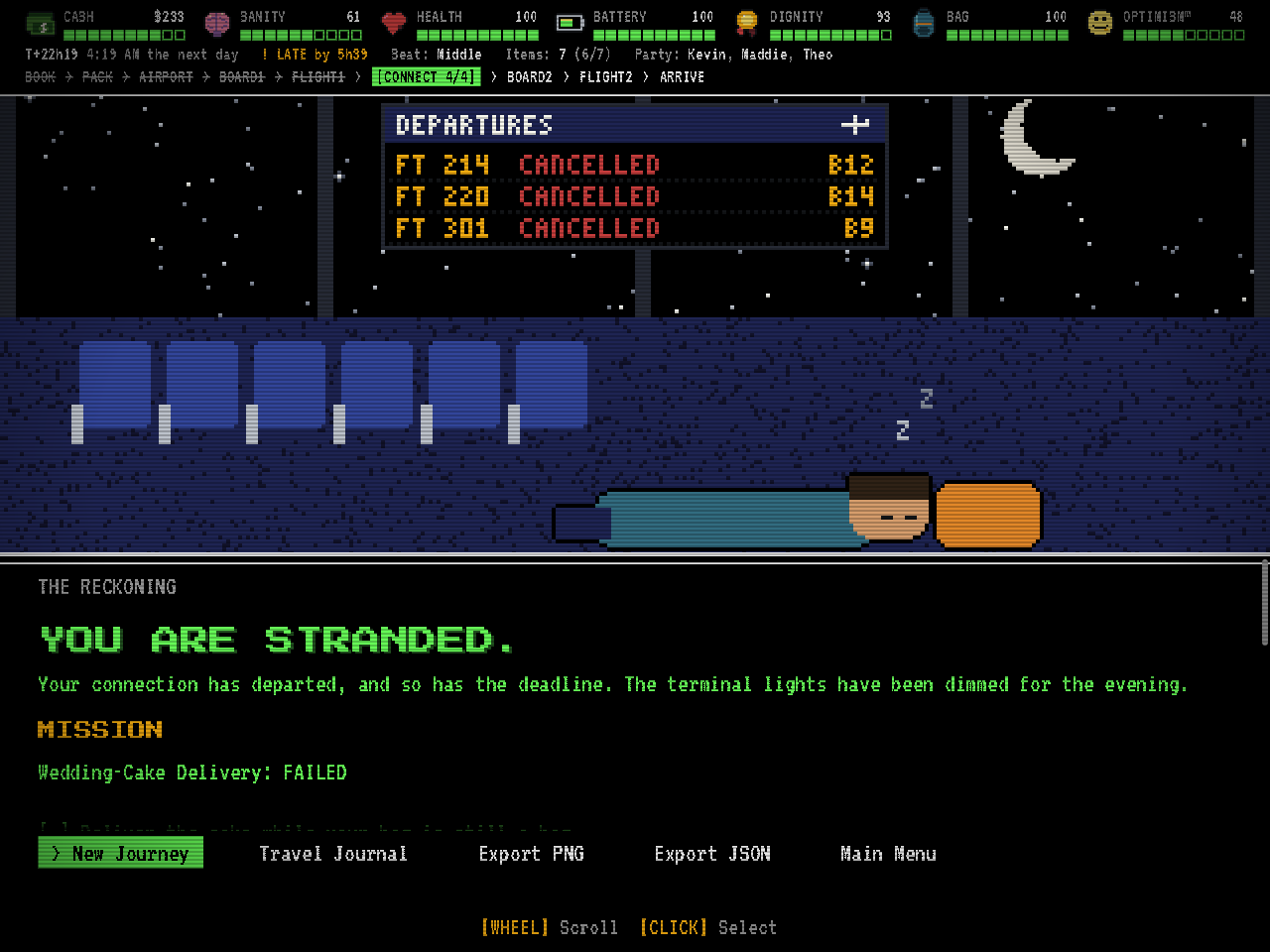 An ending screen titled You Are Stranded. A traveler sleeps across a row of terminal seats under a departures board where every flight reads cancelled.